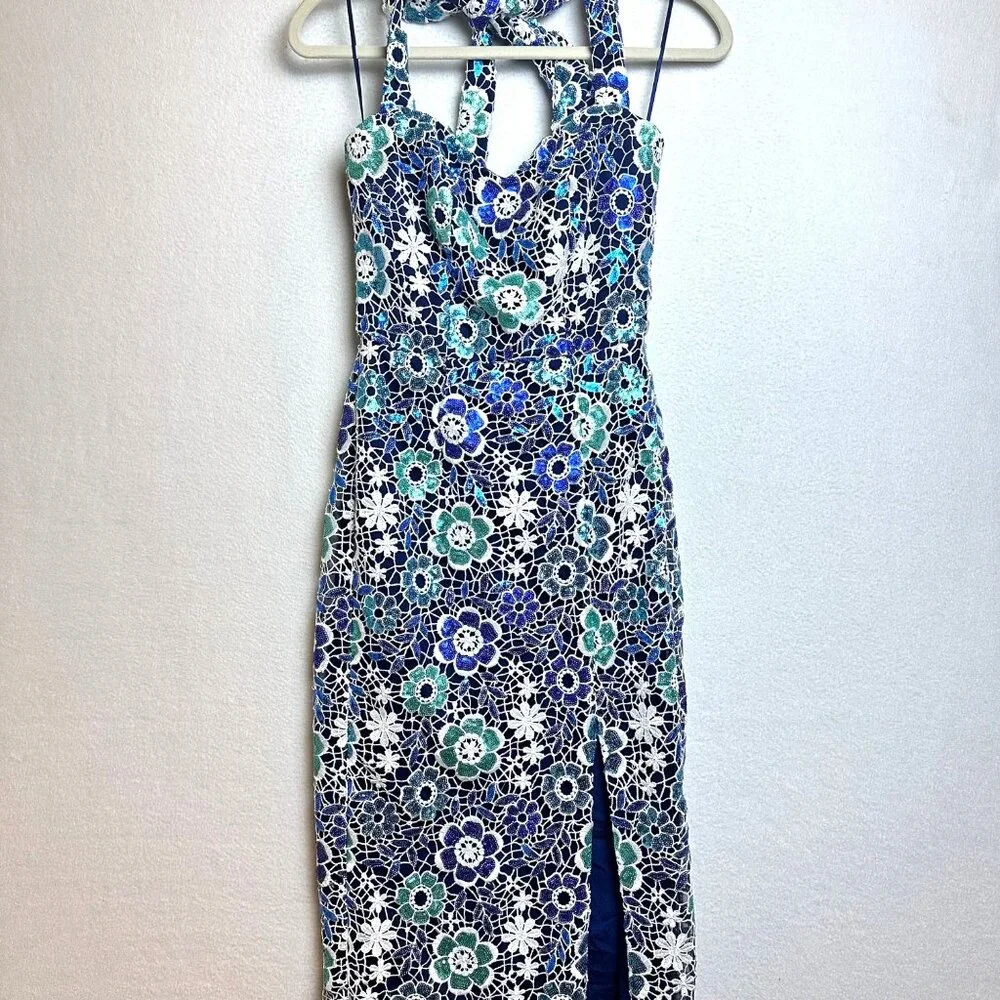 Dress the Population Blue White Floral Backless Lace Midi Dress - Picture 1 of 14